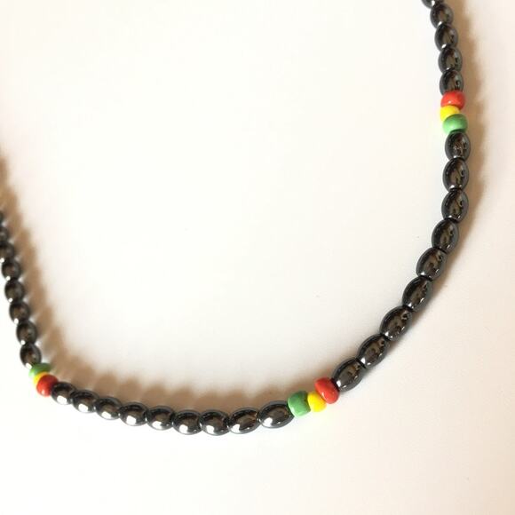 Hematite beaded necklace with red yellow green color pops - Picture 5 of 5